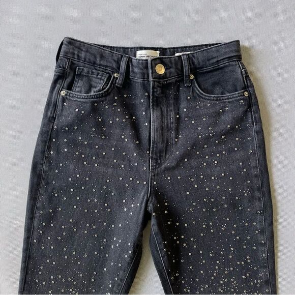 Flared Cropped Black Rhinestone Capri Jeans Size 6S - Picture 2 of 10